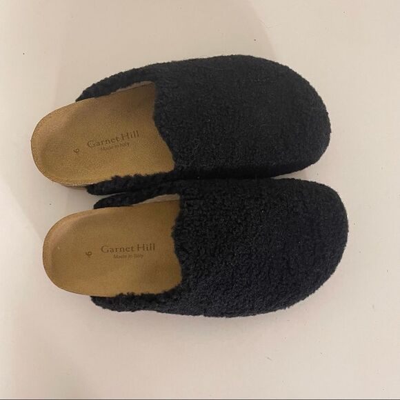 Garnet Hill Black Furry Top Slip On Slide Clog Shoes - Picture 2 of 9